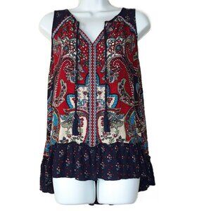 Bila Sleeveless Top Large Blue Embroidered Paisley Floral Tiered Boho Colorful